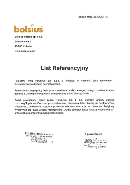 Doradztwo energetyczne - list referencyjny  Bolsius Polska