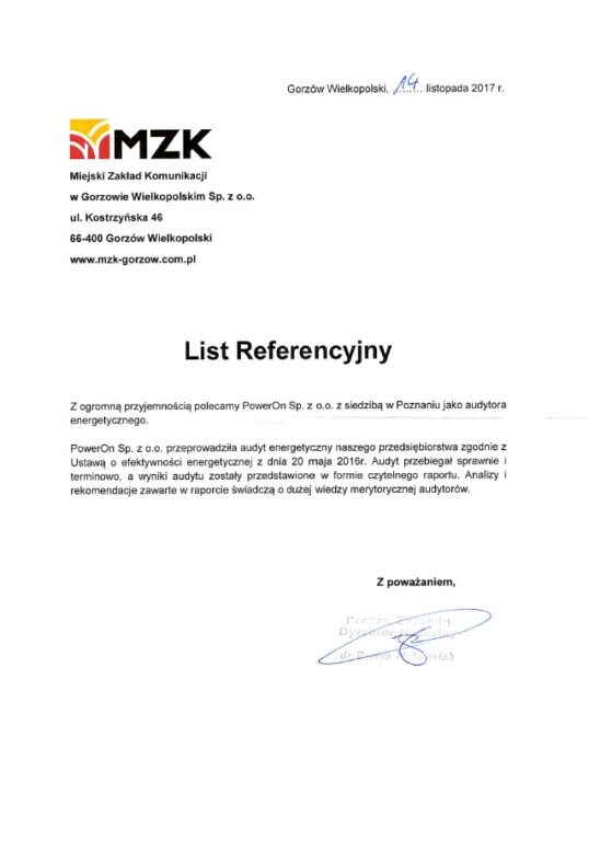 Doradztwo energetyczne - list referencyjny  MZK